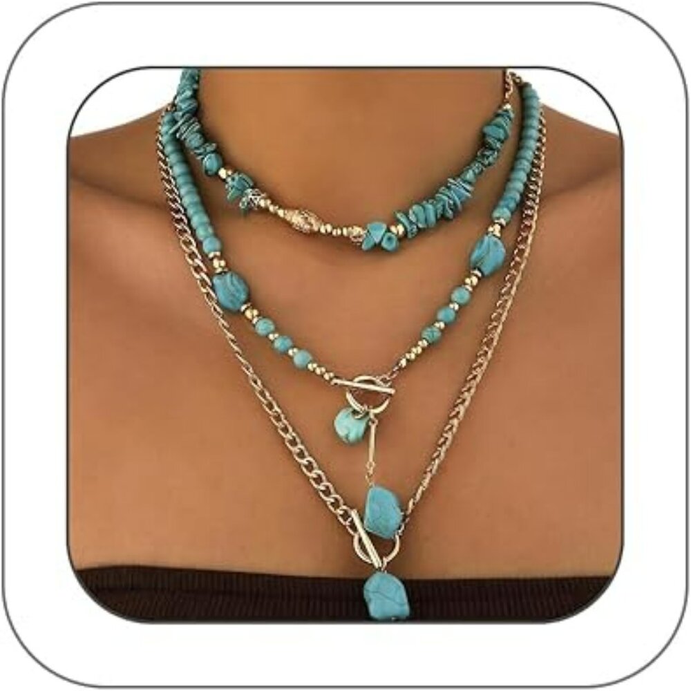 Boho Turquoise Nuggets Beaded‎ Layered Necklace Gold Elegant Classy Statement